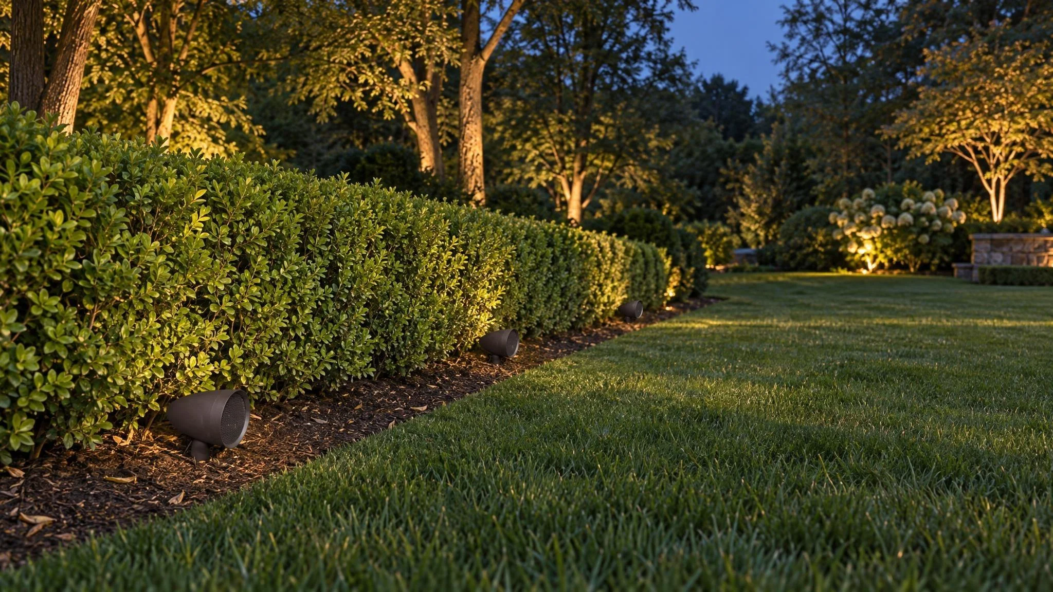 Outdoor speaker placement with three dark satellite speakers along a planting border provide rich sound at dusk.