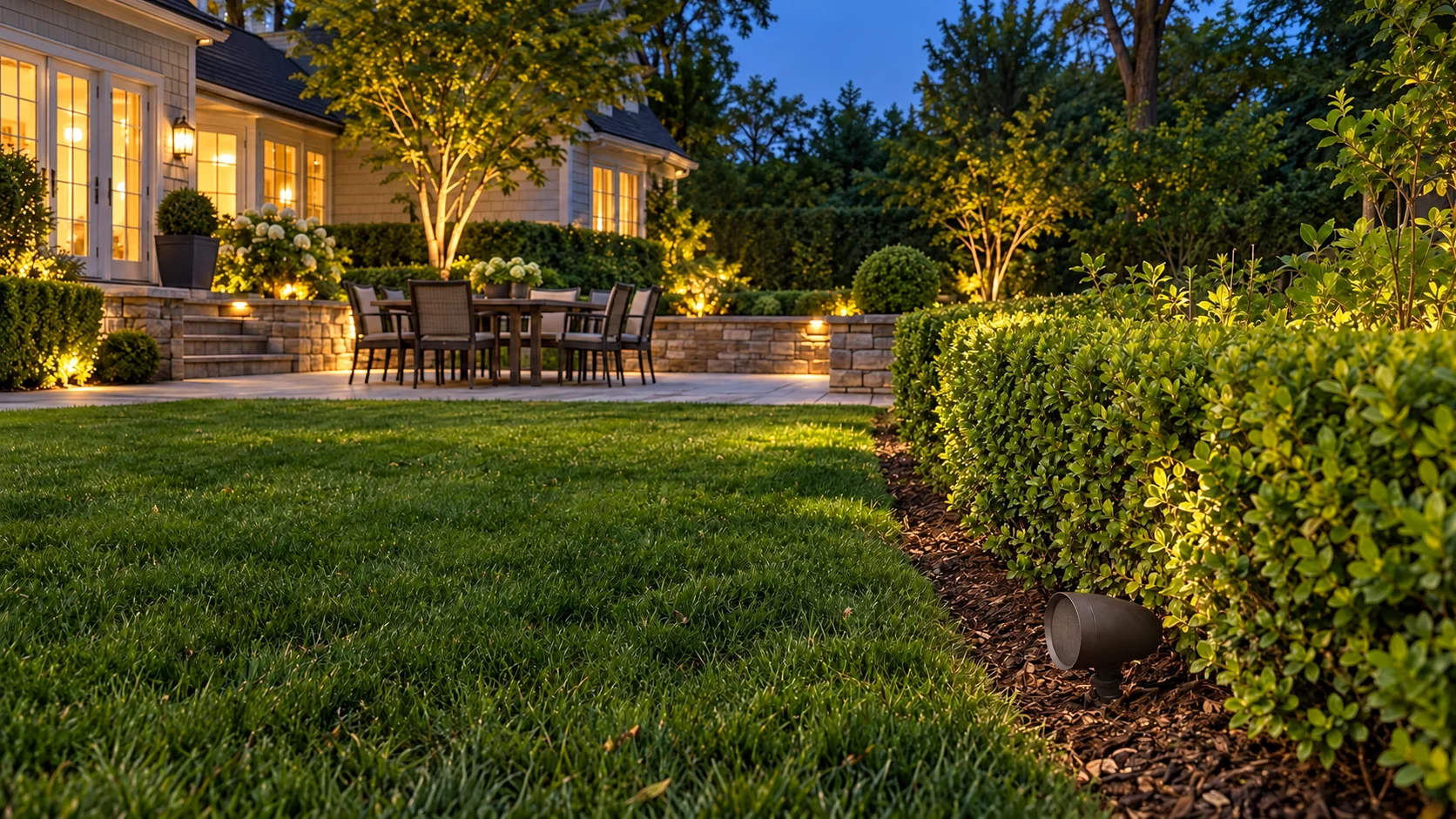A dark speaker at the base of a boxwood hedge points across the lawn toward a lit patio dining set.